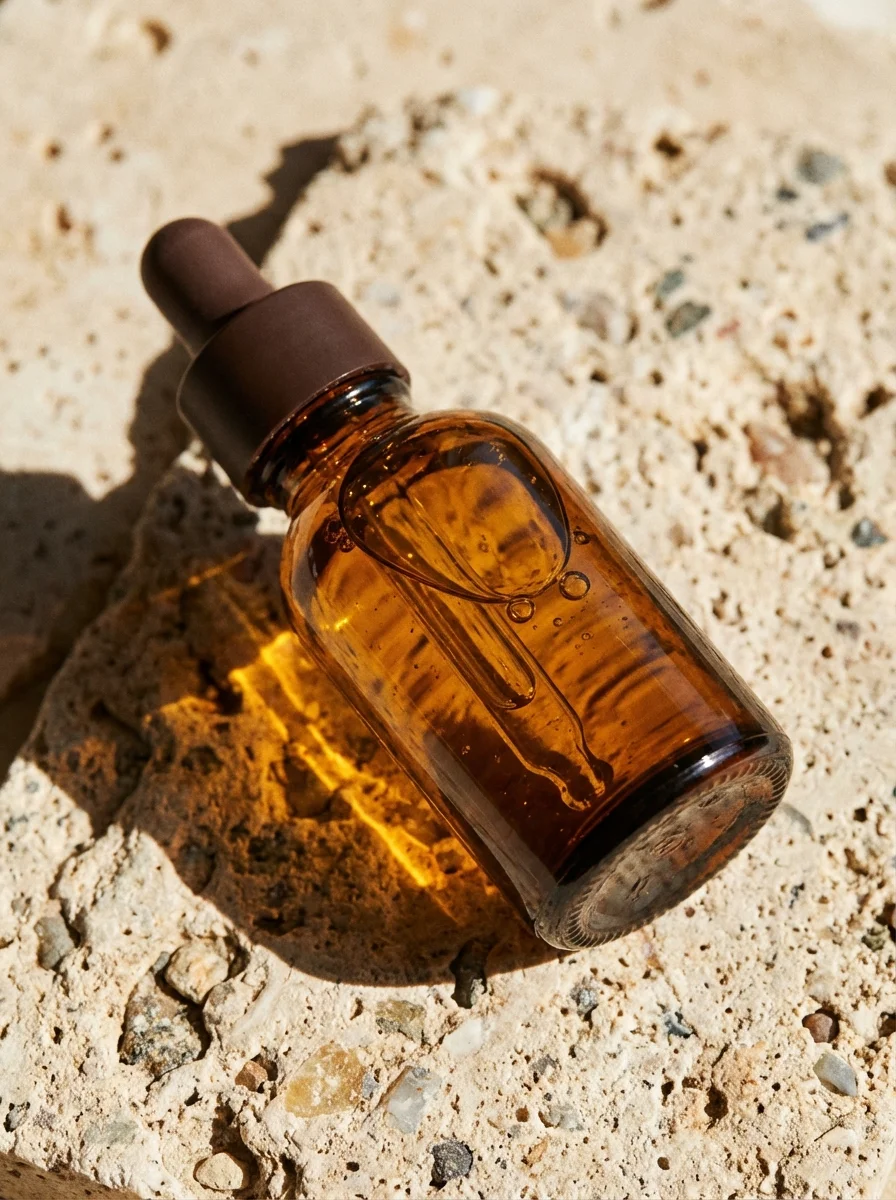 Amber dropper bottle lying on sunlit limestone with a hard shadow