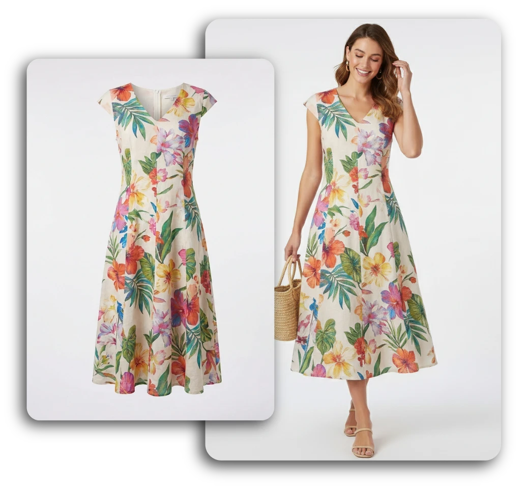 Floral midi dress on a plain backdrop next to the same dress worn by a model holding a straw bag